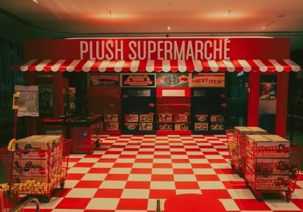 Plush supermarché storefront with checkered floor