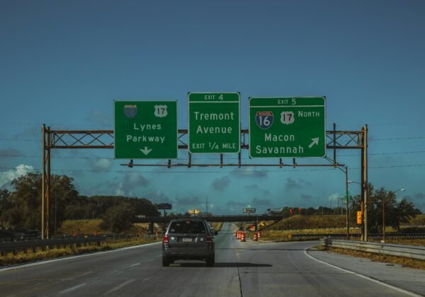 a car driving on a highway